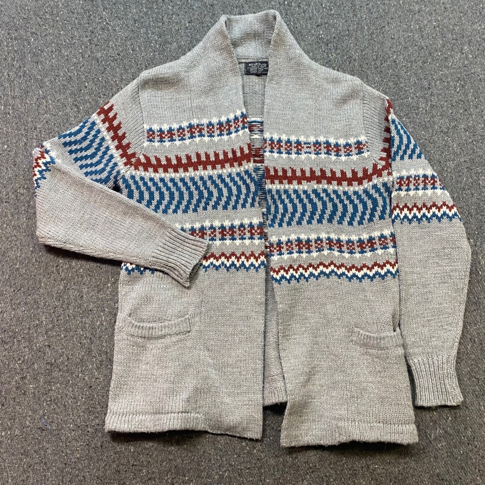 Knitivo Cardigan Sz M Mens Gray Fair Isle Shawl Collar Open Front Sweater Boho